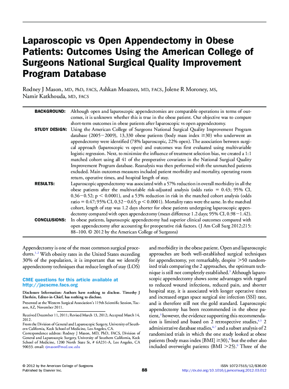 Laparoscopic vs Open Appendectomy in Obese Patients: Outcomes Using the American College of Surgeons National Surgical Quality Improvement Program Database 