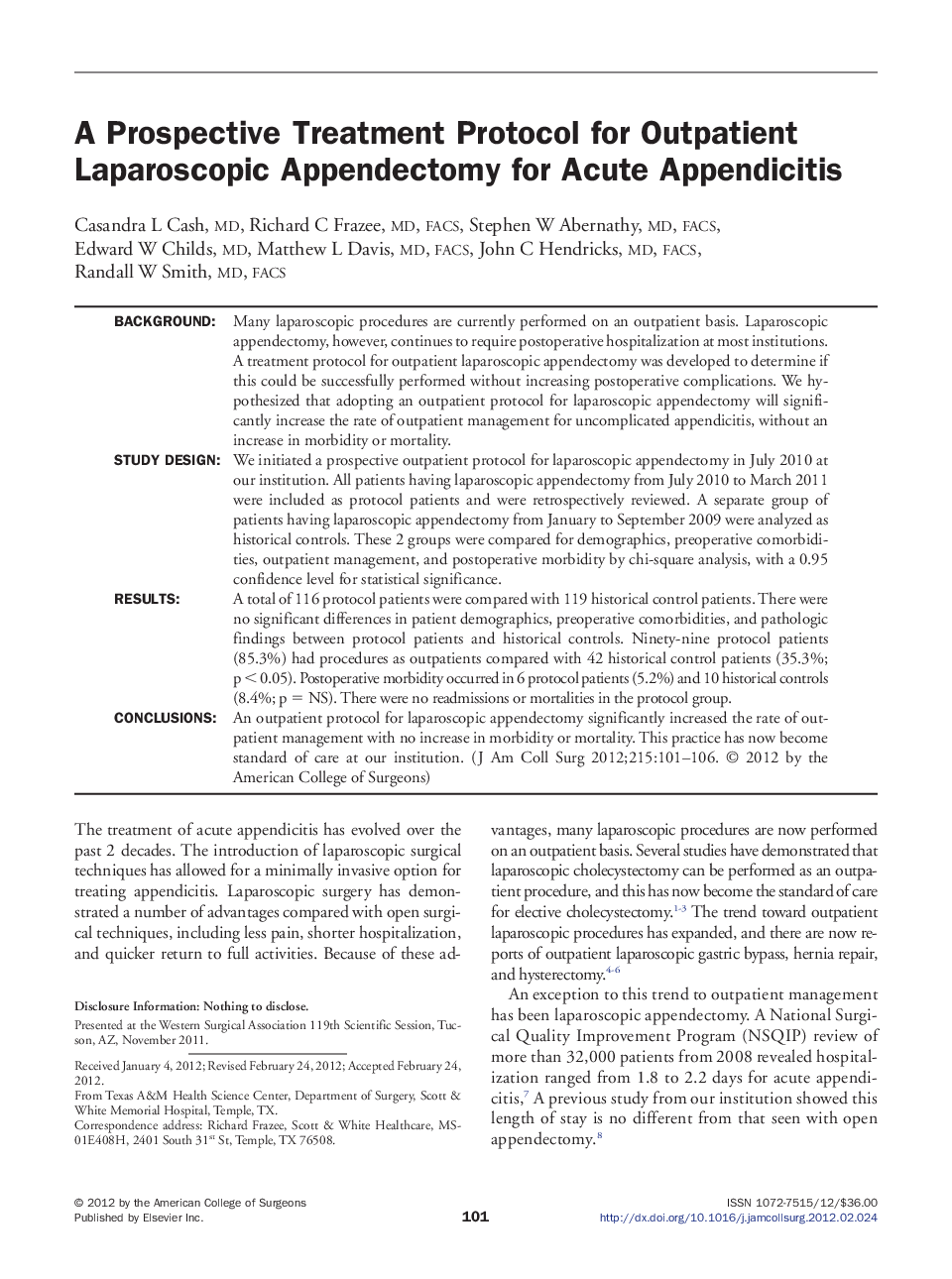 A Prospective Treatment Protocol for Outpatient Laparoscopic Appendectomy for Acute Appendicitis 