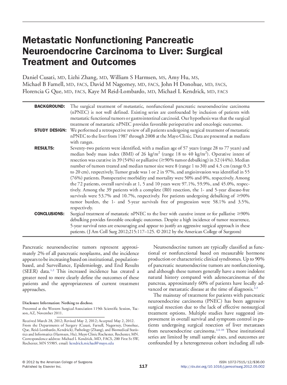 Metastatic Nonfunctioning Pancreatic Neuroendocrine Carcinoma to Liver: Surgical Treatment and Outcomes 