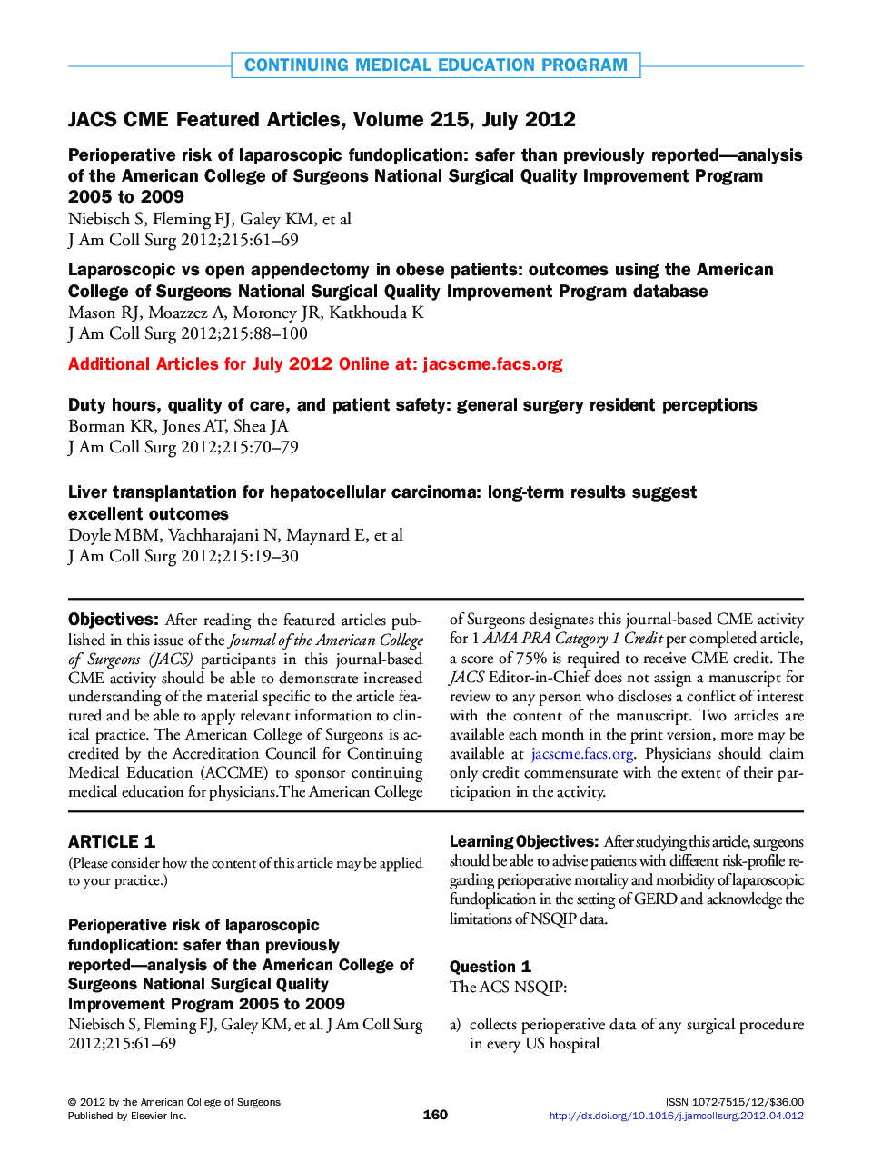 JACS CME Featured Articles, Volume 215, July 2012