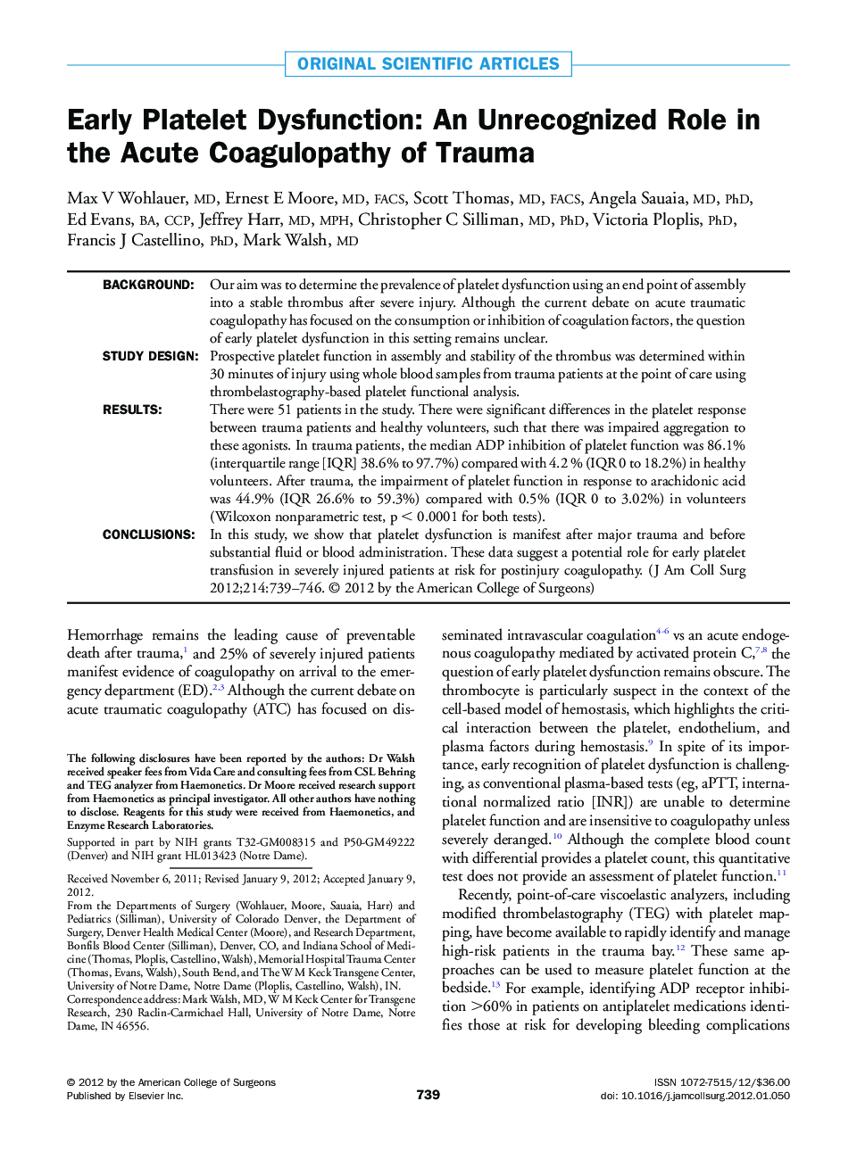 Early Platelet Dysfunction: An Unrecognized Role in the Acute Coagulopathy of Trauma 