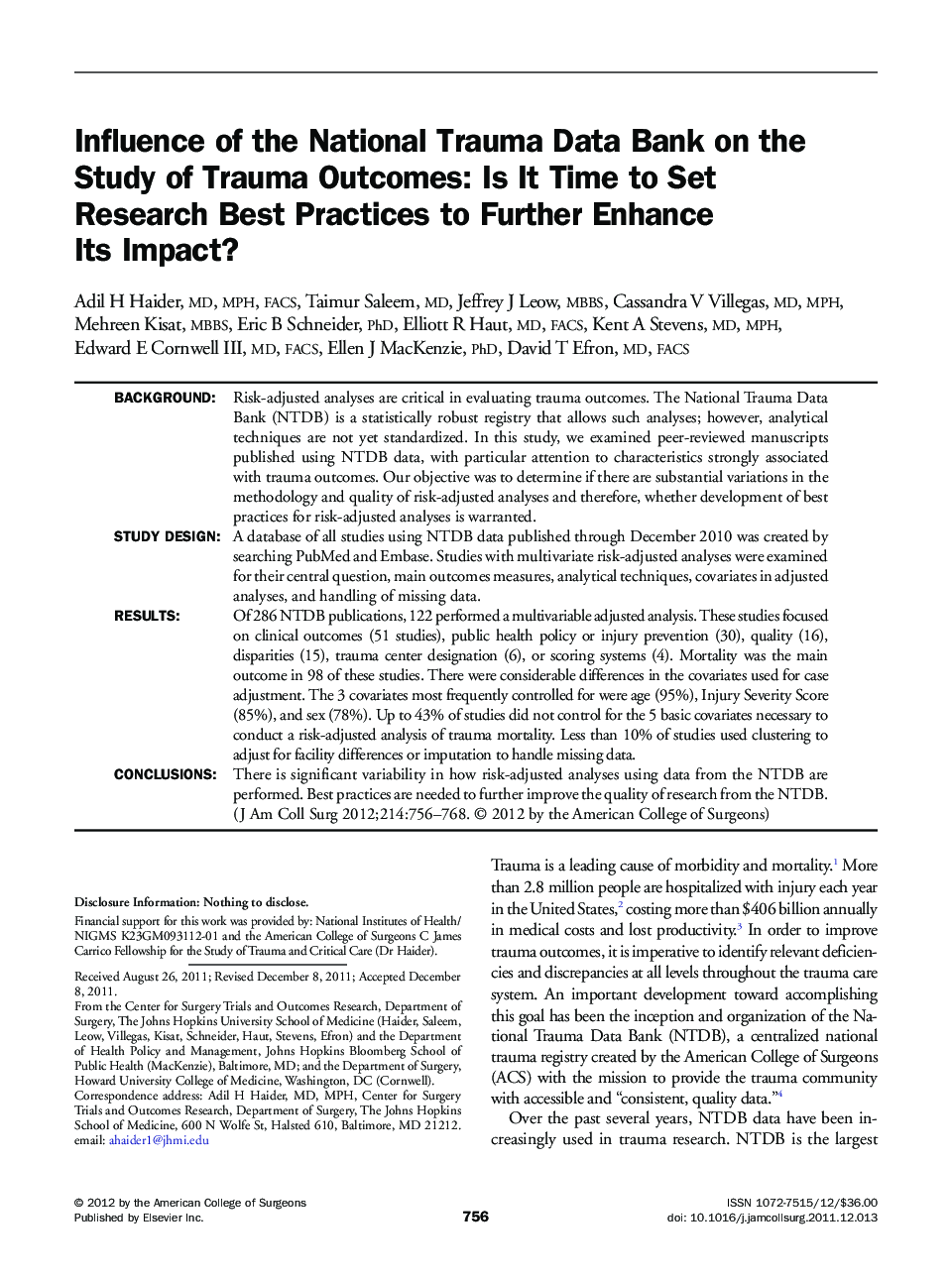 Influence of the National Trauma Data Bank on the Study of Trauma Outcomes: Is It Time to Set Research Best Practices to Further Enhance Its Impact? 