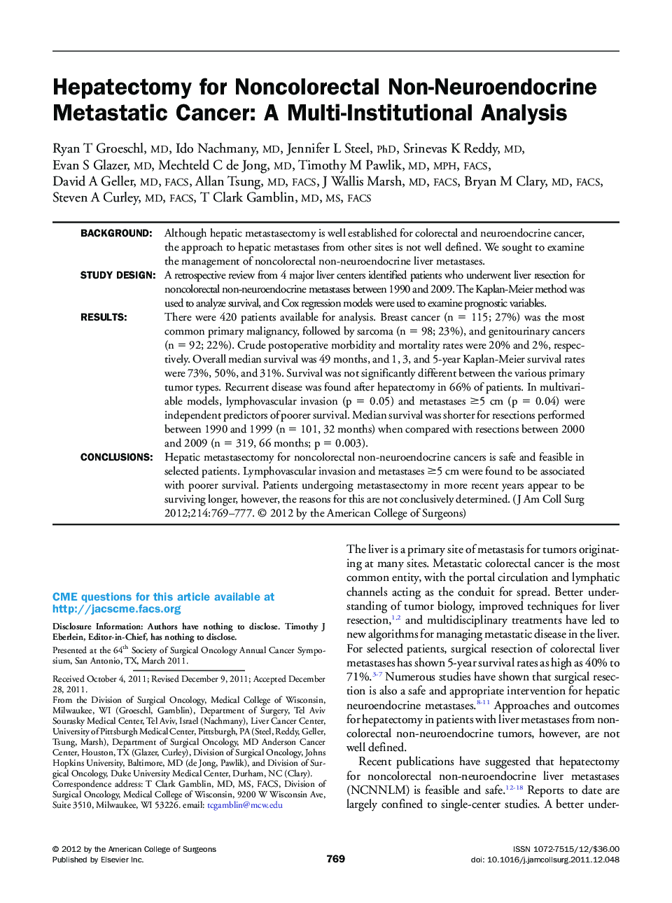 Hepatectomy for Noncolorectal Non-Neuroendocrine Metastatic Cancer: A Multi-Institutional Analysis 