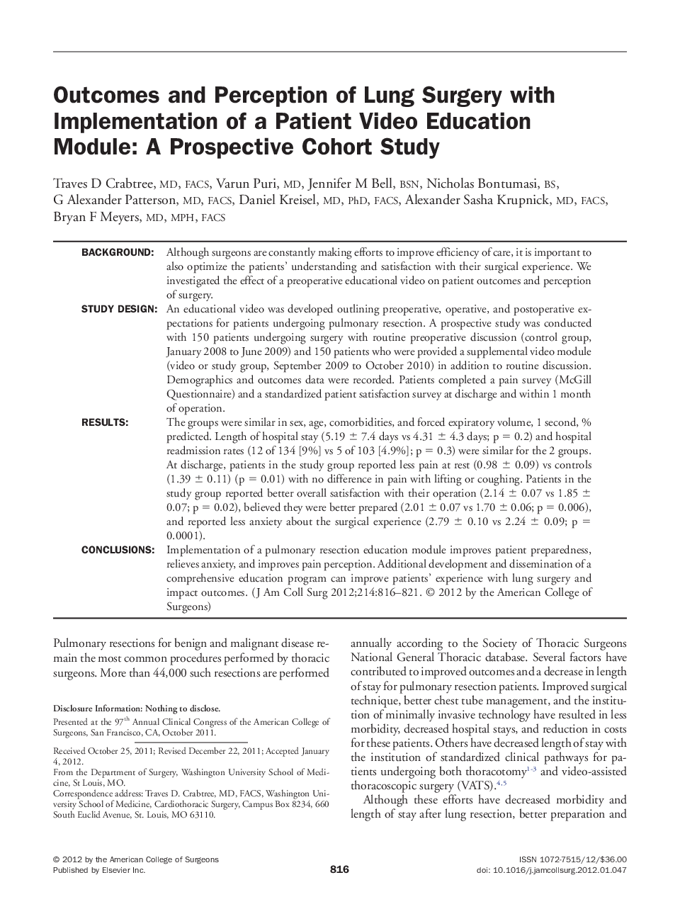 Outcomes and Perception of Lung Surgery with Implementation of a Patient Video Education Module: A Prospective Cohort Study