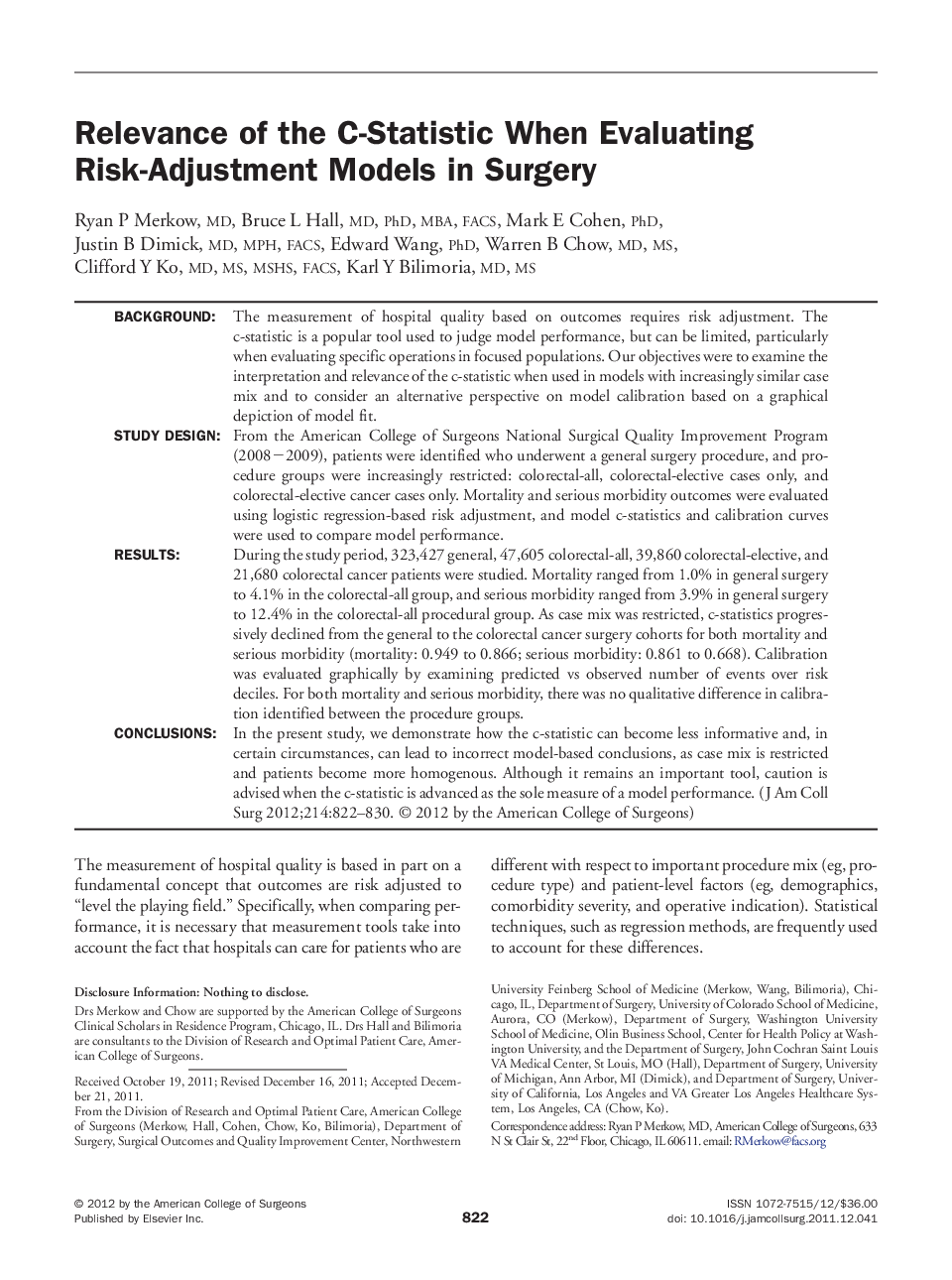 Relevance of the C-Statistic When Evaluating Risk-Adjustment Models in Surgery 