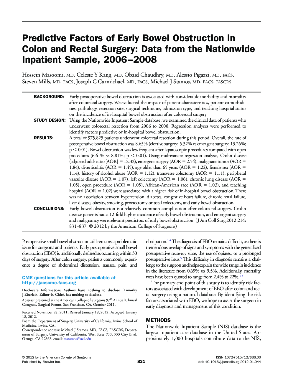 Predictive Factors of Early Bowel Obstruction in Colon and Rectal Surgery: Data from the Nationwide Inpatient Sample, 2006–2008 