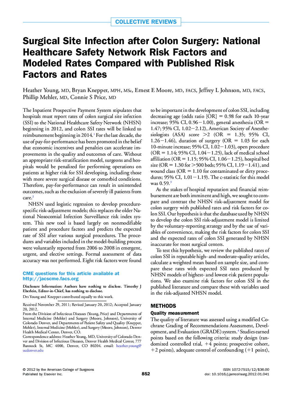 Surgical Site Infection after Colon Surgery: National Healthcare Safety Network Risk Factors and Modeled Rates Compared with Published Risk Factors and Rates