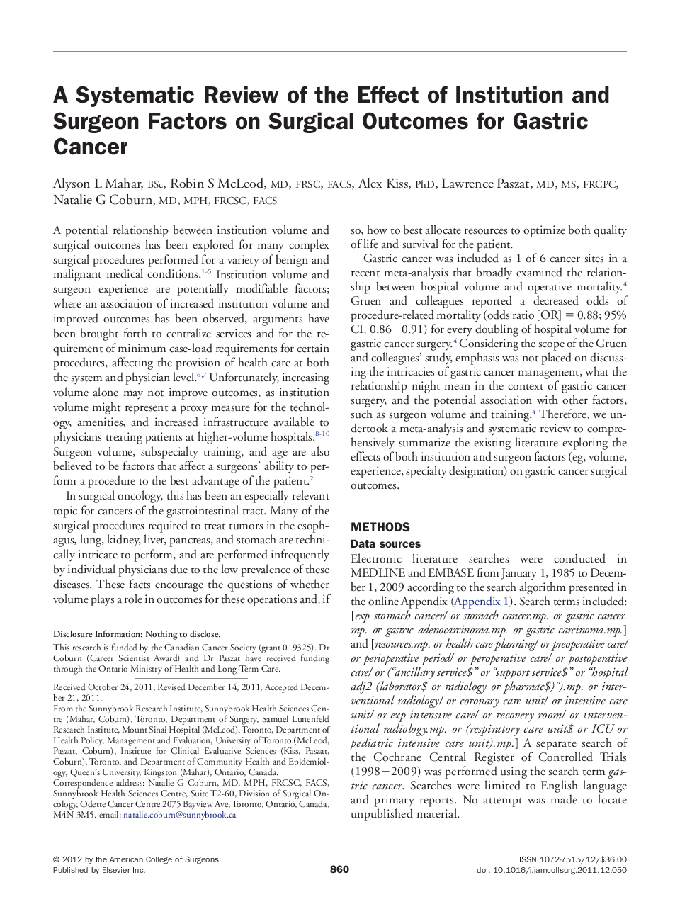 A Systematic Review of the Effect of Institution and Surgeon Factors on Surgical Outcomes for Gastric Cancer