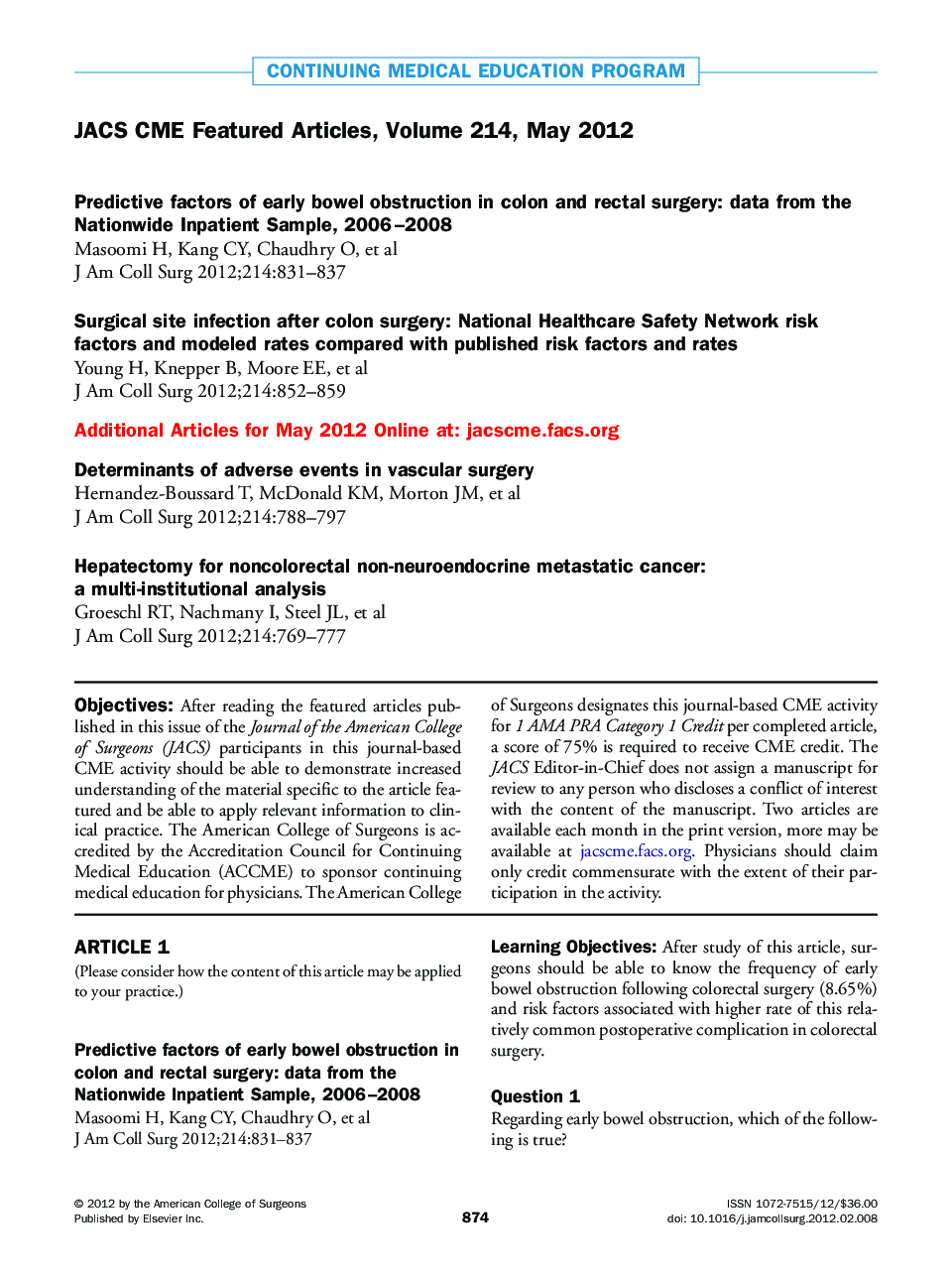 JACS CME Featured Articles, Volume 214, May 2012