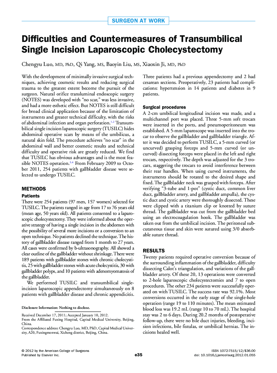 Difficulties and Countermeasures of Transumbilical Single Incision Laparoscopic Cholecystectomy