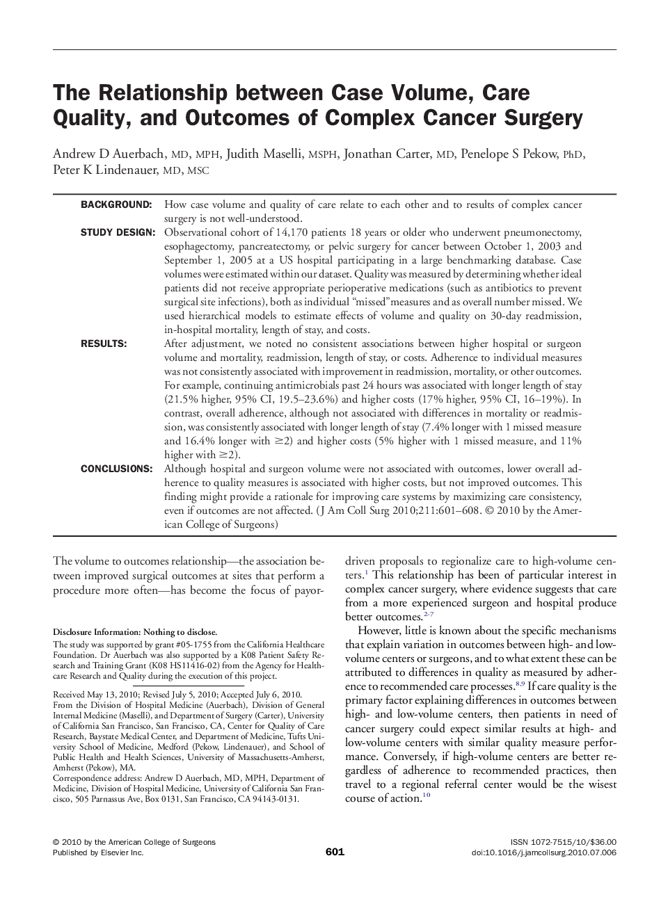 The Relationship between Case Volume, Care Quality, and Outcomes of Complex Cancer Surgery 