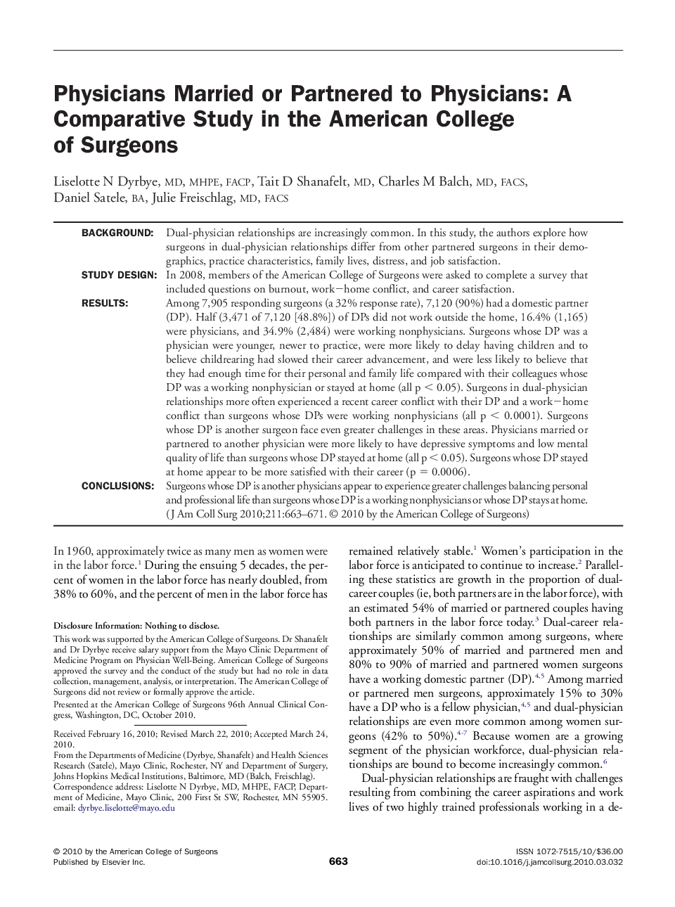 Physicians Married or Partnered to Physicians: A Comparative Study in the American College of Surgeons 