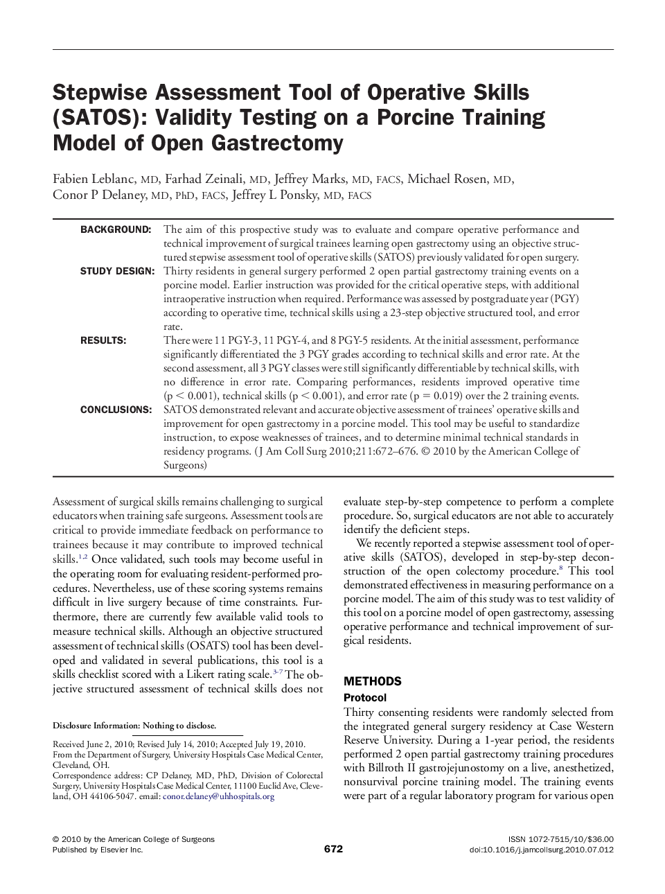 Stepwise Assessment Tool of Operative Skills (SATOS): Validity Testing on a Porcine Training Model of Open Gastrectomy