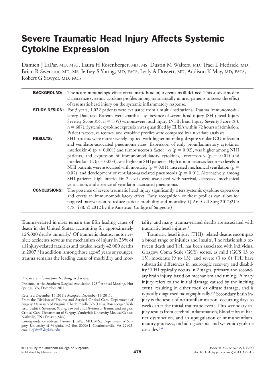 Severe Traumatic Head Injury Affects Systemic Cytokine Expression 