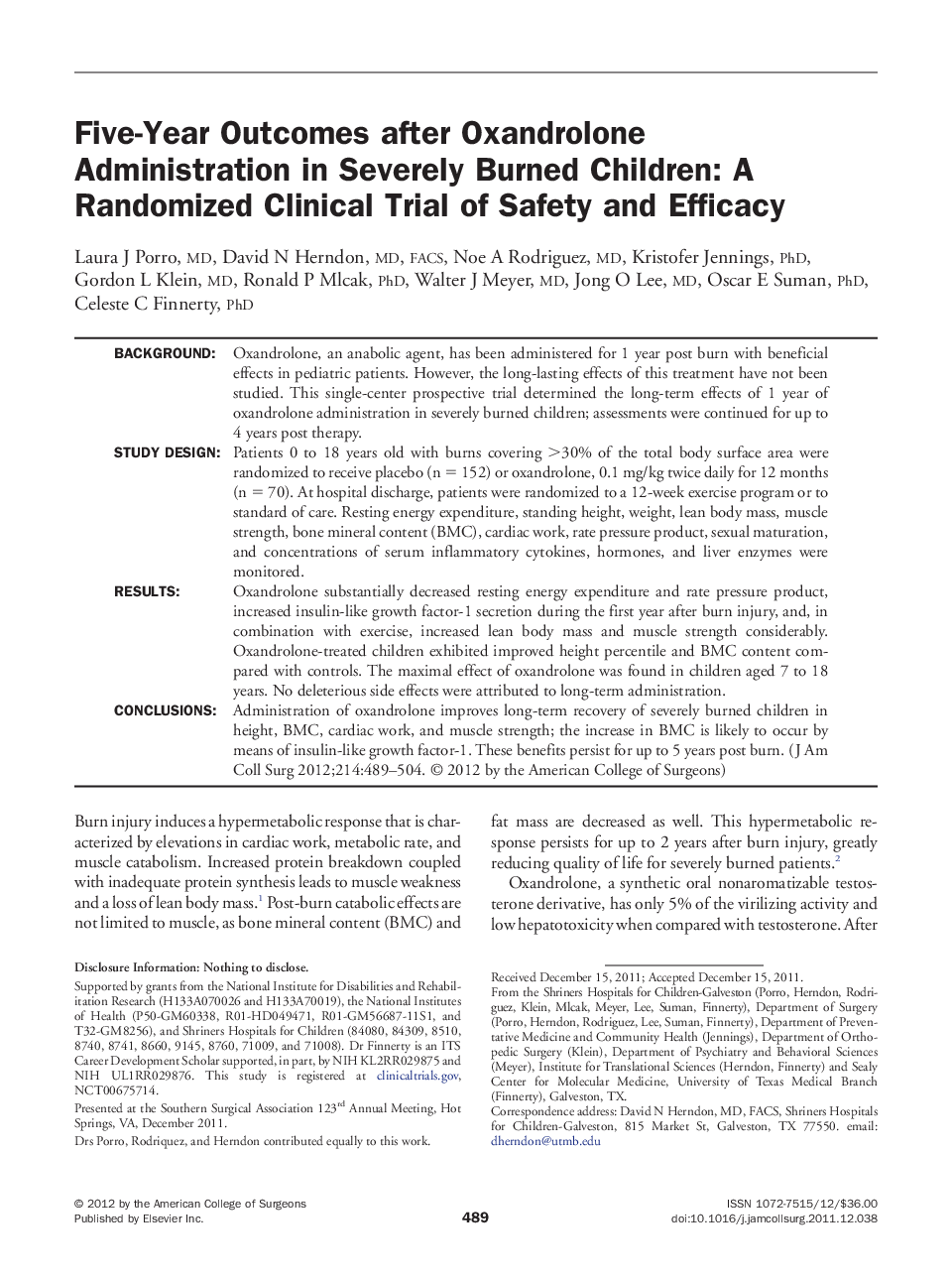 Five-Year Outcomes after Oxandrolone Administration in Severely Burned Children: A Randomized Clinical Trial of Safety and Efficacy 