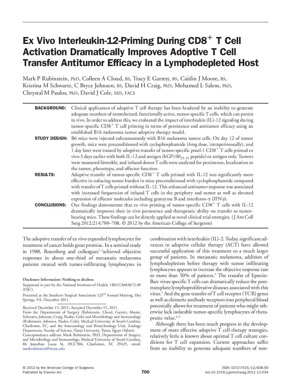 Ex Vivo Interleukin-12-Priming During CD8+ T Cell Activation Dramatically Improves Adoptive T Cell Transfer Antitumor Efficacy in a Lymphodepleted Host 