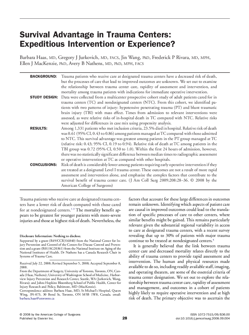 Survival Advantage in Trauma Centers: Expeditious Intervention or Experience? 