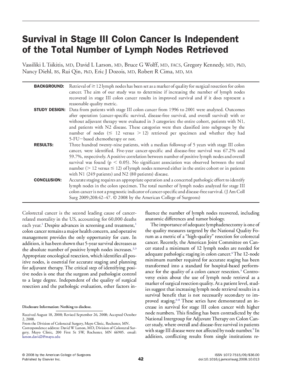 Survival in Stage III Colon Cancer Is Independent of the Total Number of Lymph Nodes Retrieved 