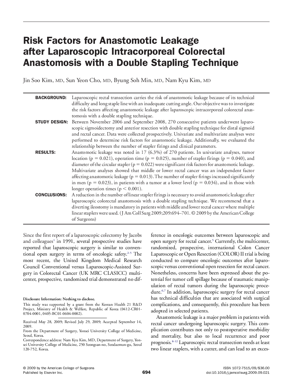 Risk Factors for Anastomotic Leakage after Laparoscopic Intracorporeal Colorectal Anastomosis with a Double Stapling Technique 