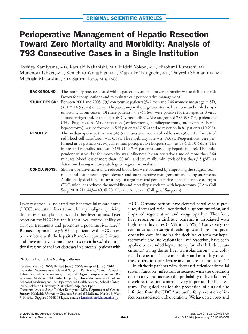 Perioperative Management of Hepatic Resection Toward Zero Mortality and Morbidity: Analysis of 793 Consecutive Cases in a Single Institution 