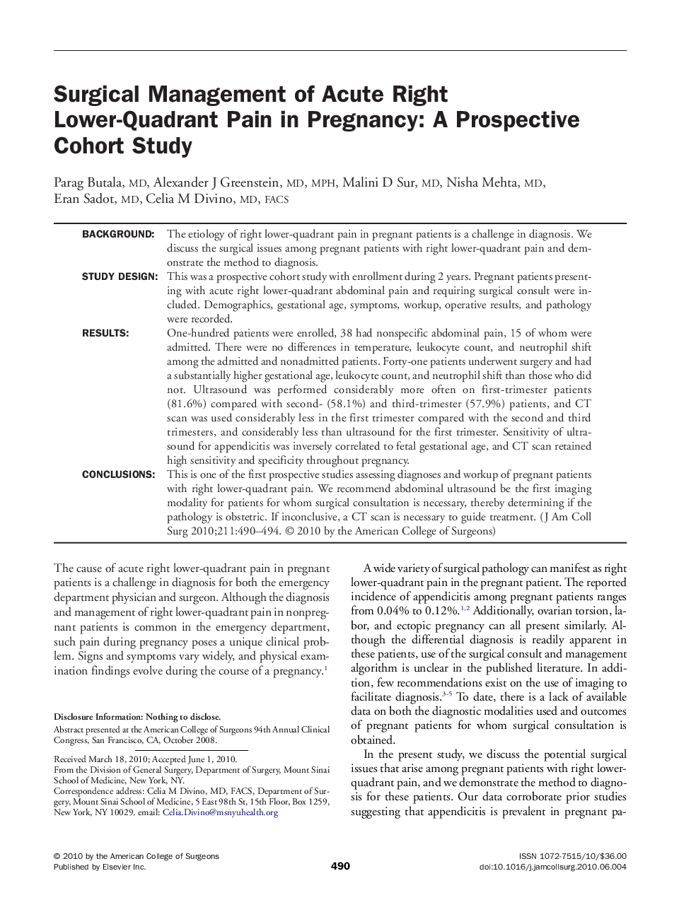 Surgical Management of Acute Right Lower-Quadrant Pain in Pregnancy: A Prospective Cohort Study 