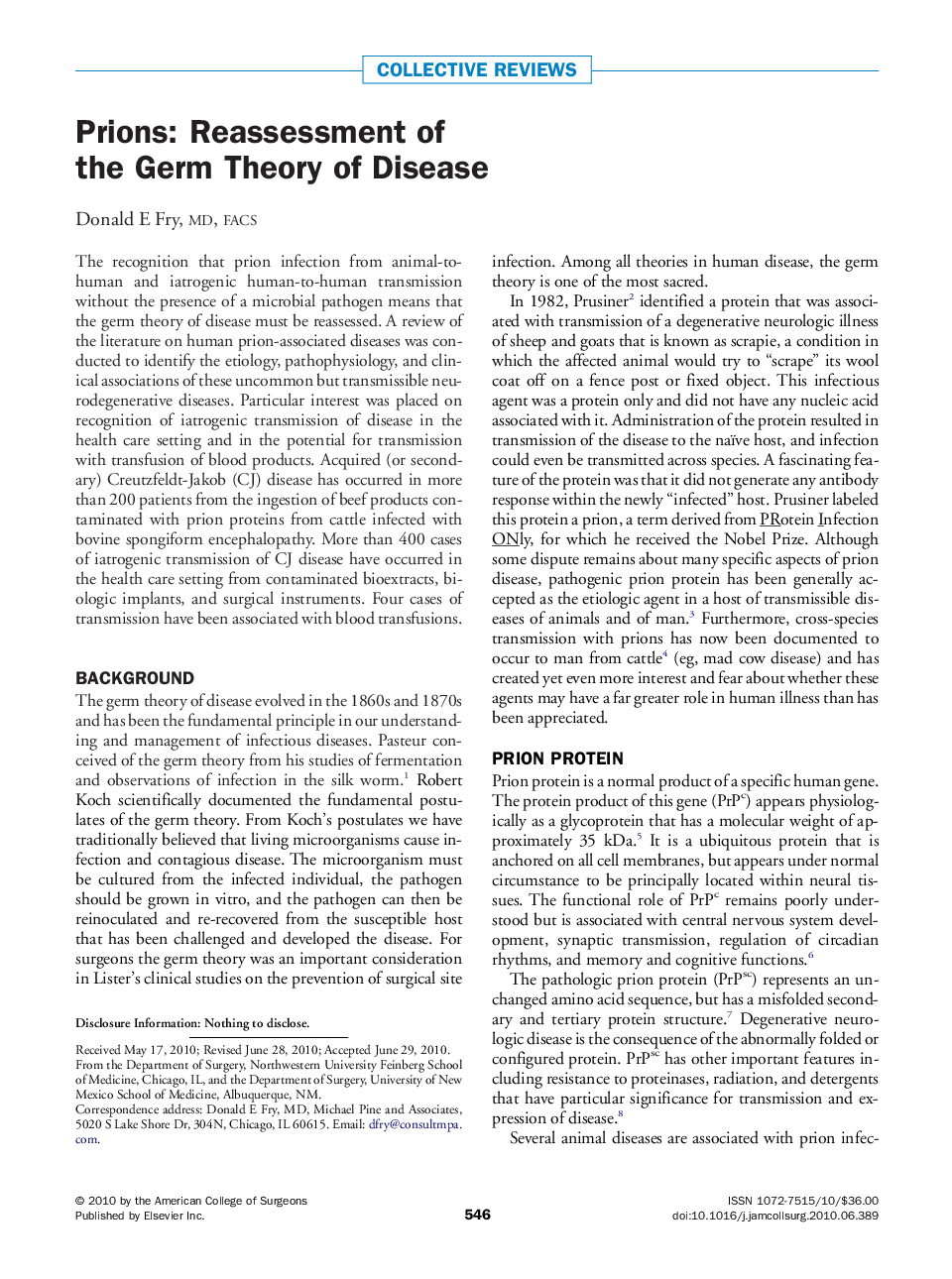 Prions: Reassessment of the Germ Theory of Disease