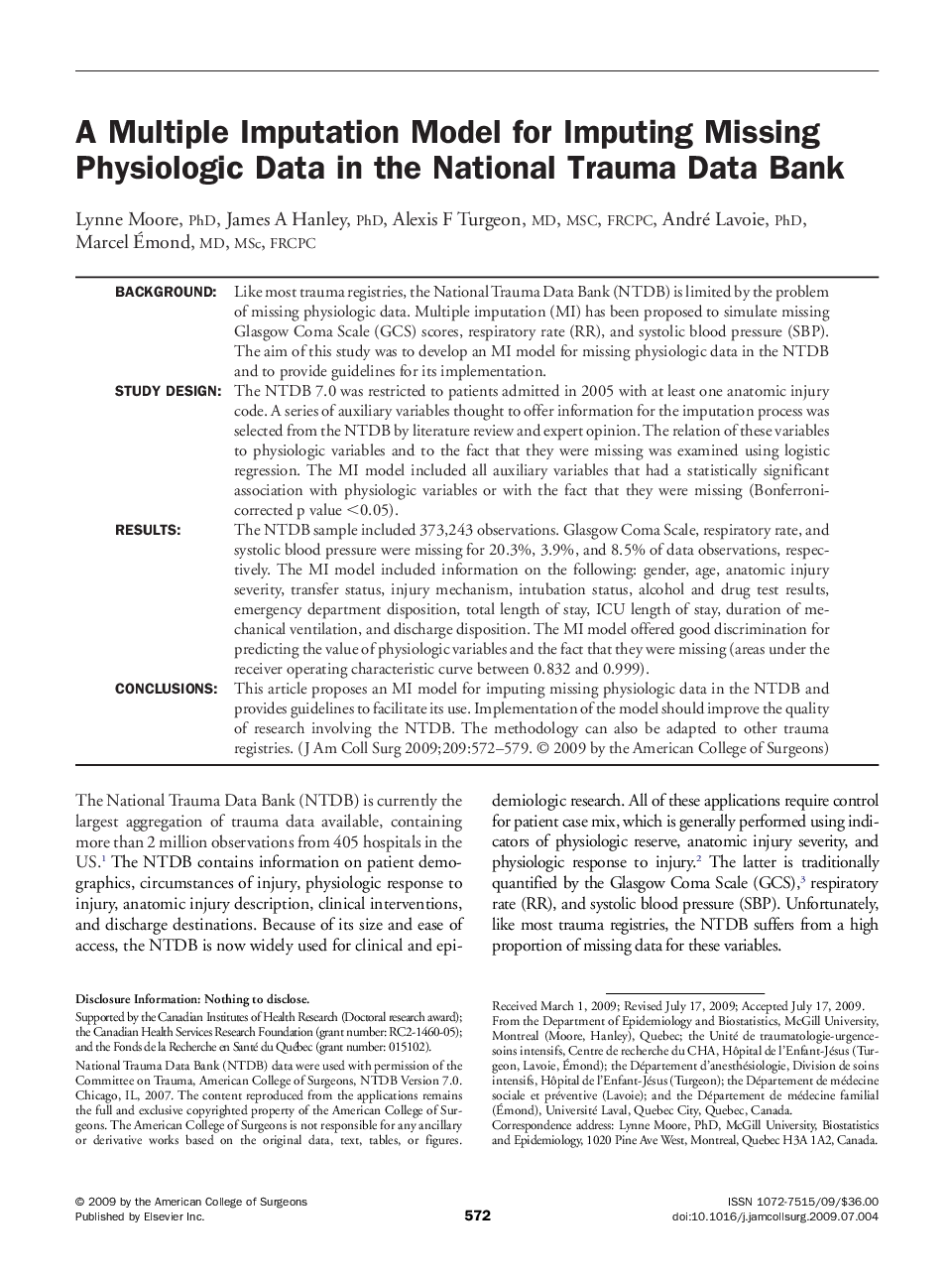 A Multiple Imputation Model for Imputing Missing Physiologic Data in the National Trauma Data Bank 