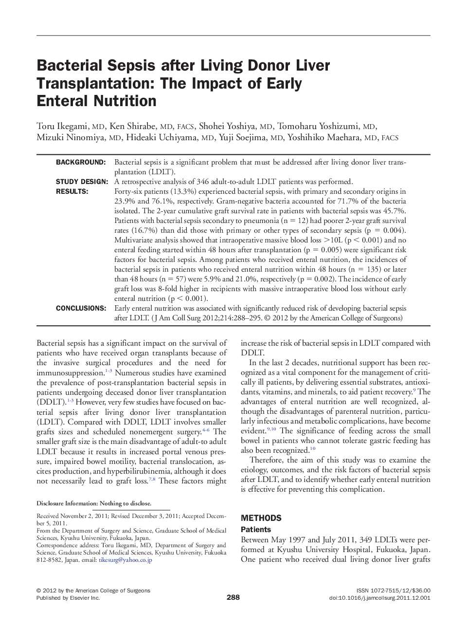 Bacterial Sepsis after Living Donor Liver Transplantation: The Impact of Early Enteral Nutrition 