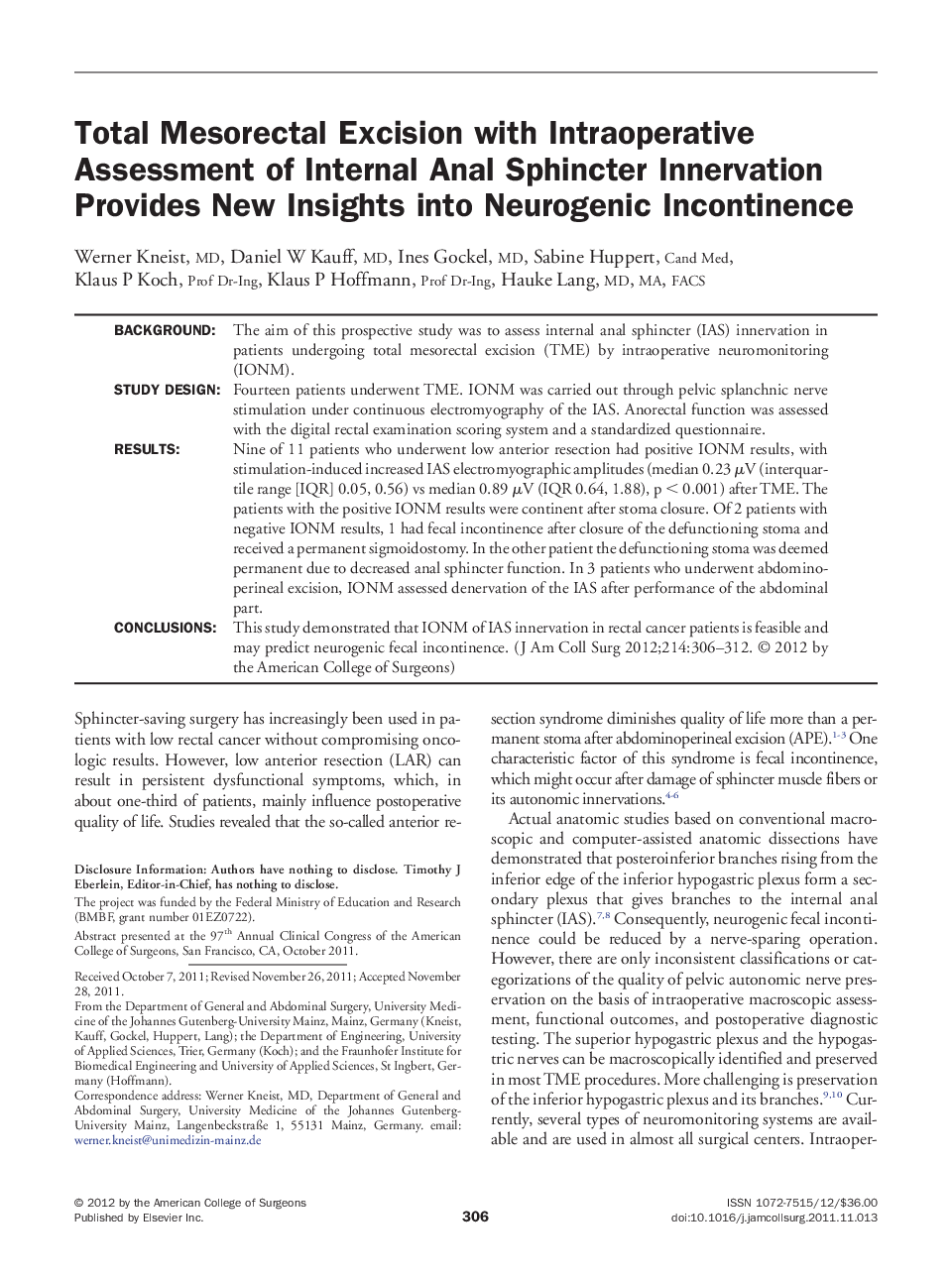 Total Mesorectal Excision with Intraoperative Assessment of Internal Anal Sphincter Innervation Provides New Insights into Neurogenic Incontinence 