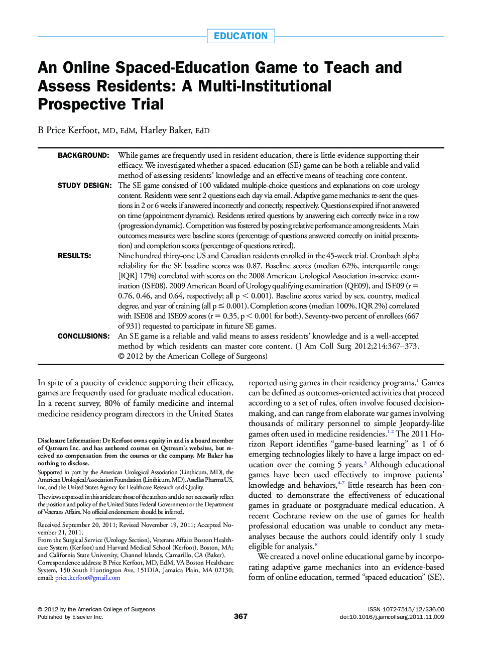 An Online Spaced-Education Game to Teach and Assess Residents: A Multi-Institutional Prospective Trial 