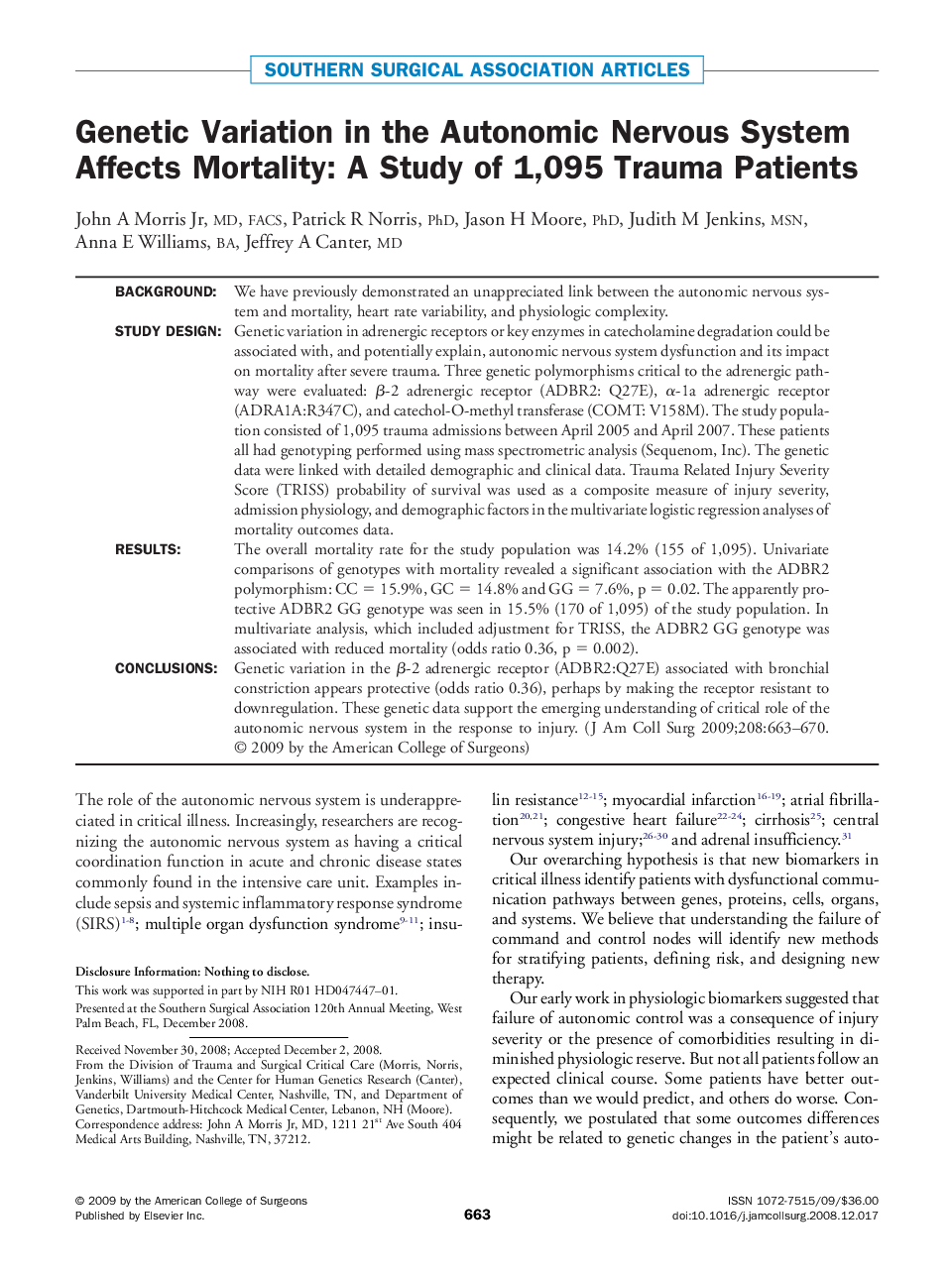 Genetic Variation in the Autonomic Nervous System Affects Mortality: A Study of 1,095 Trauma Patients 