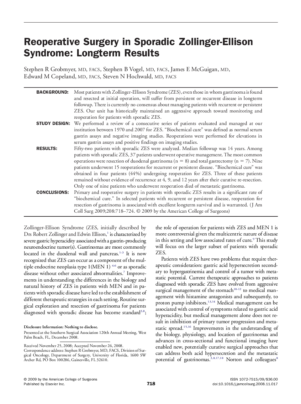 Reoperative Surgery in Sporadic Zollinger-Ellison Syndrome: Longterm Results 