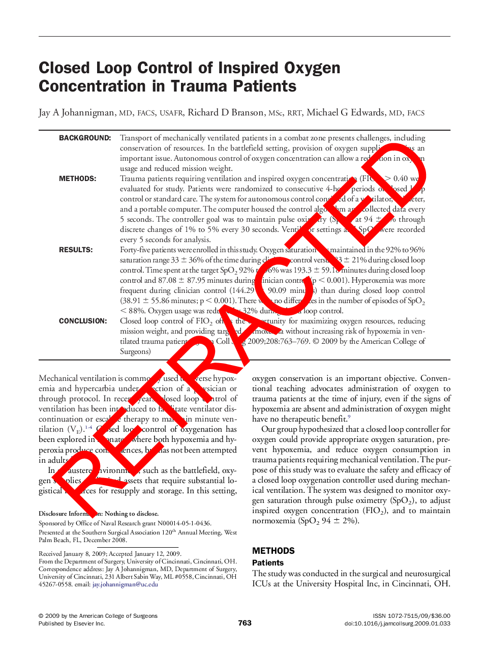 RETRACTED: Closed Loop Control of Inspired Oxygen Concentration in Trauma Patients 