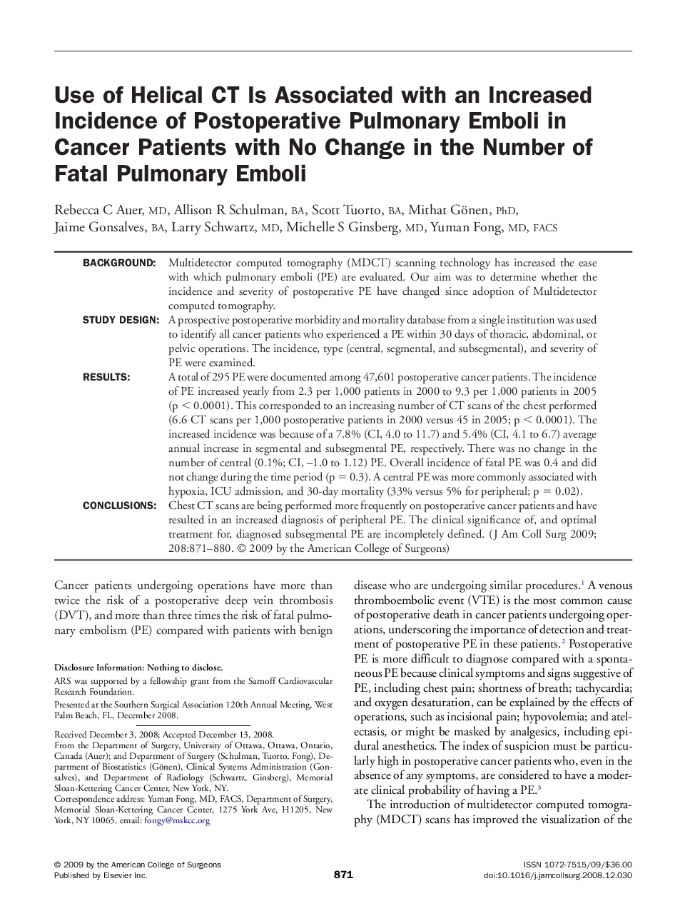 Use of Helical CT Is Associated with an Increased Incidence of Postoperative Pulmonary Emboli in Cancer Patients with No Change in the Number of Fatal Pulmonary Emboli 