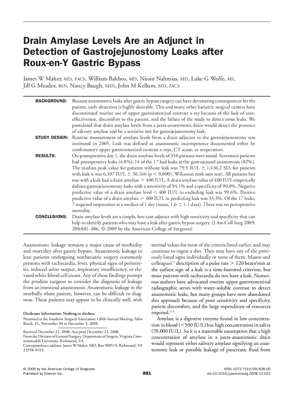 Drain Amylase Levels Are an Adjunct in Detection of Gastrojejunostomy Leaks after Roux-en-Y Gastric Bypass 