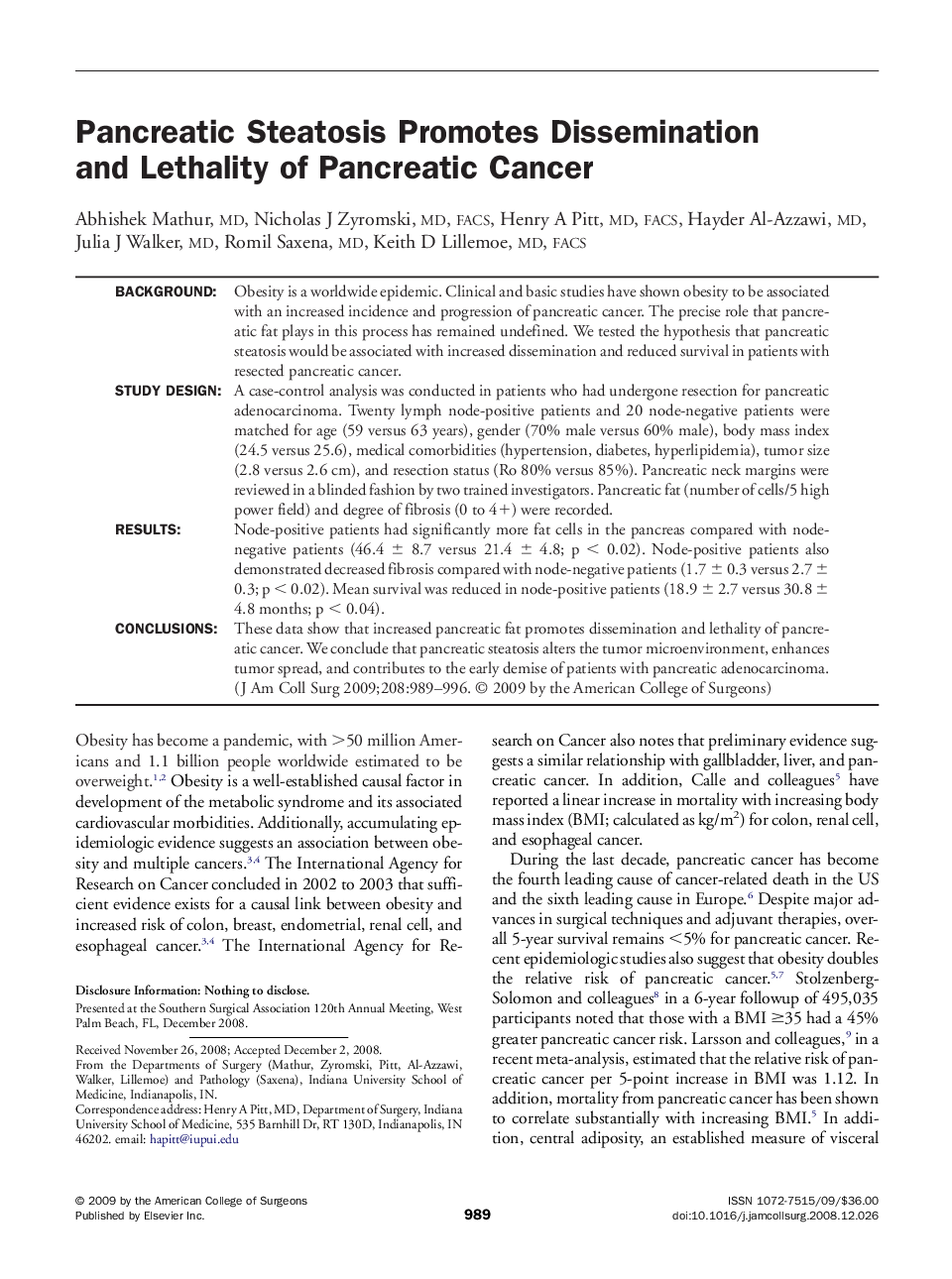 Pancreatic Steatosis Promotes Dissemination and Lethality of Pancreatic Cancer 