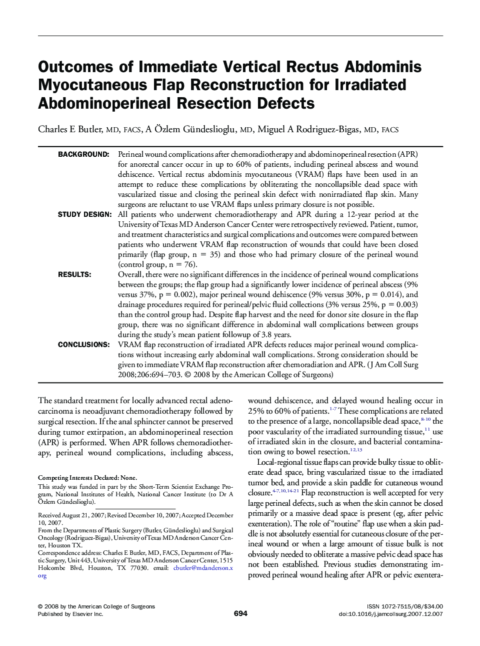 Outcomes of Immediate Vertical Rectus Abdominis Myocutaneous Flap Reconstruction for Irradiated Abdominoperineal Resection Defects 