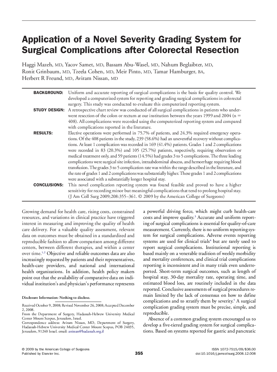 Application of a Novel Severity Grading System for Surgical Complications after Colorectal Resection