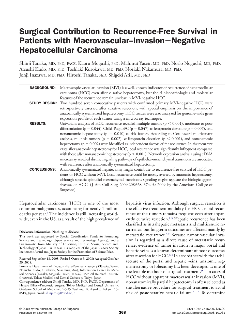 Surgical Contribution to Recurrence-Free Survival in Patients with Macrovascular-InvasionâNegative Hepatocellular Carcinoma