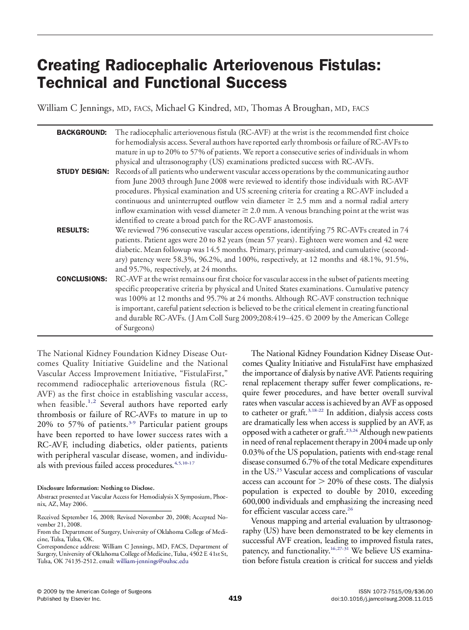 Creating Radiocephalic Arteriovenous Fistulas: Technical and Functional Success 
