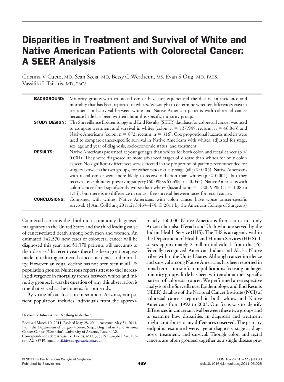 Disparities in Treatment and Survival of White and Native American Patients with Colorectal Cancer: A SEER Analysis 