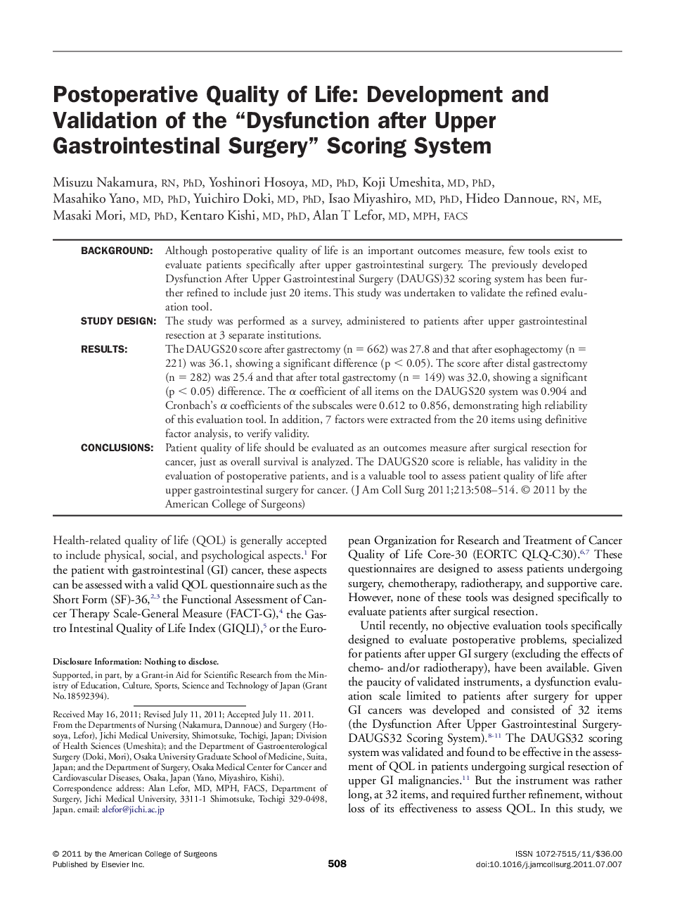 Postoperative Quality of Life: Development and Validation of the “Dysfunction after Upper Gastrointestinal Surgery” Scoring System 