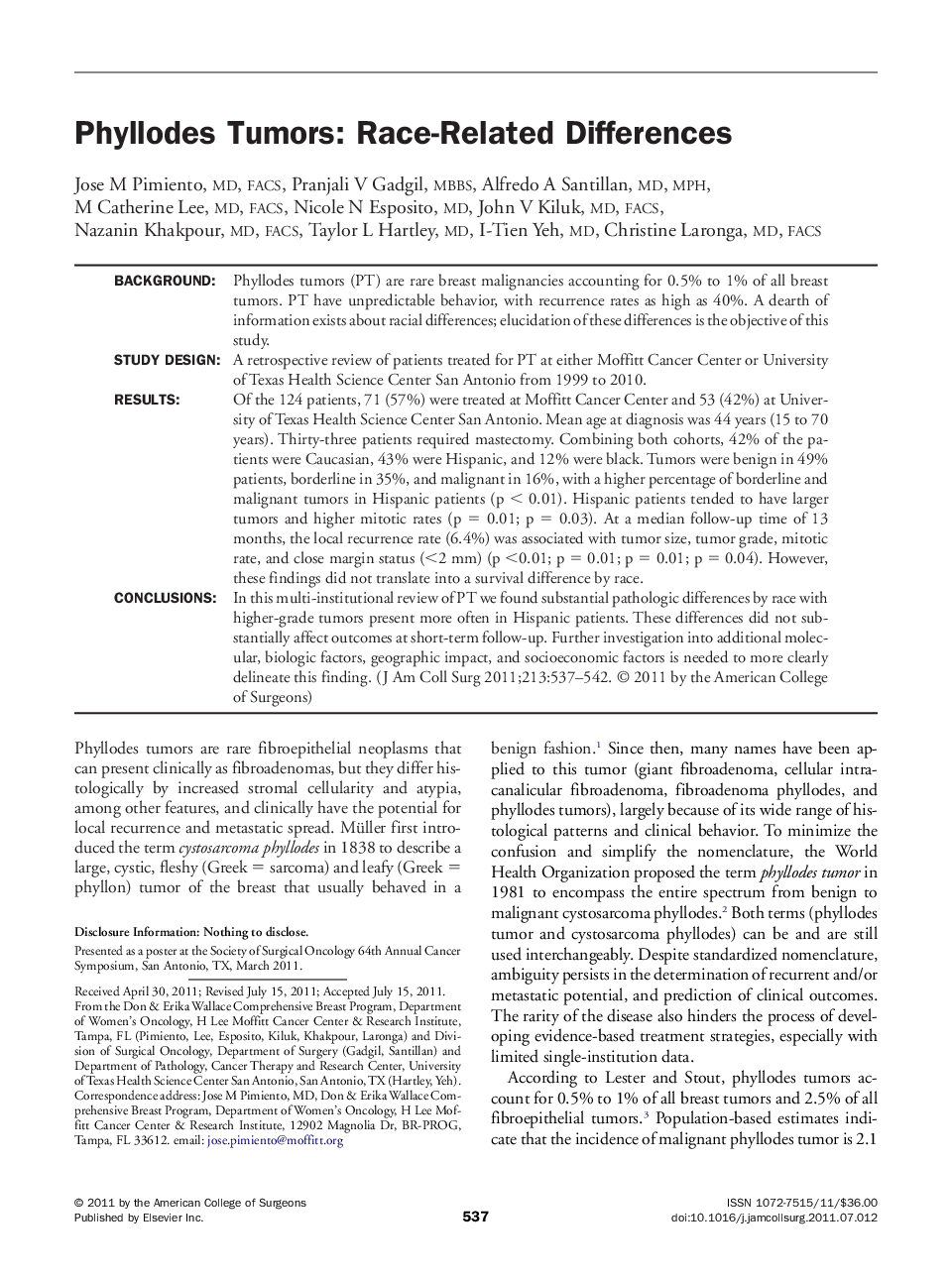 Phyllodes Tumors: Race-Related Differences 