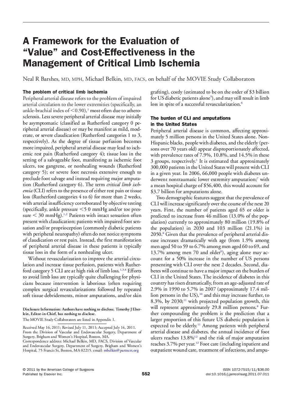 A Framework for the Evaluation of “Value” and Cost-Effectiveness in the Management of Critical Limb Ischemia