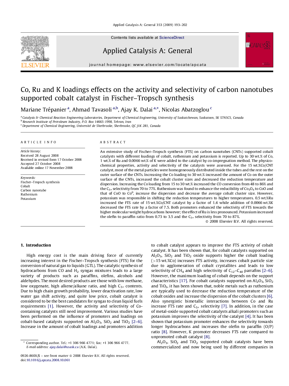 Co, Ru and K loadings effects on the activity and selectivity of carbon nanotubes supported cobalt catalyst in Fischer–Tropsch synthesis