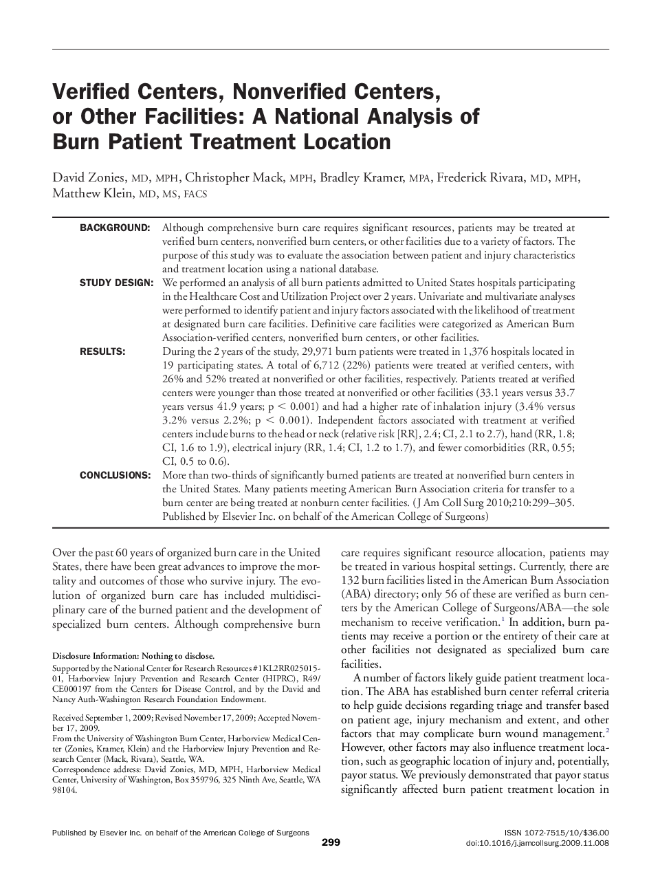 Verified Centers, Nonverified Centers, or Other Facilities: A National Analysis of Burn Patient Treatment Location 