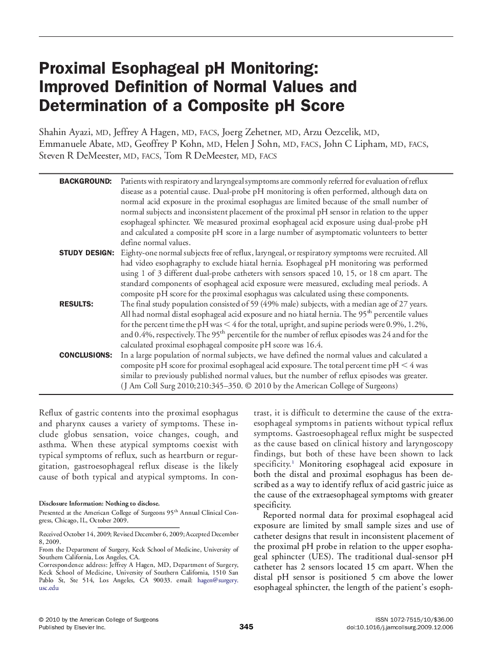 Proximal Esophageal pH Monitoring: Improved Definition of Normal Values and Determination of a Composite pH Score 