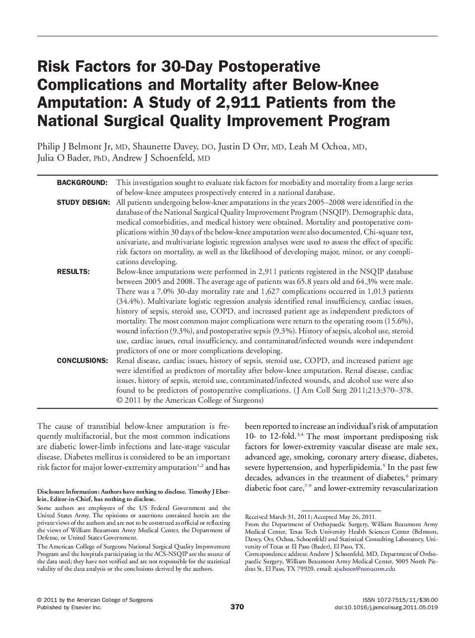 Risk Factors for 30-Day Postoperative Complications and Mortality after Below-Knee Amputation: A Study of 2,911 Patients from the National Surgical Quality Improvement Program 