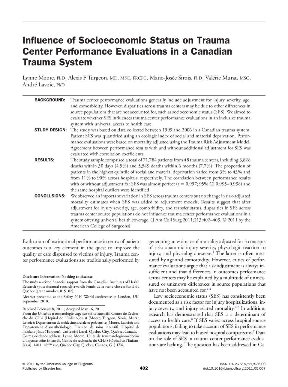 Influence of Socioeconomic Status on Trauma Center Performance Evaluations in a Canadian Trauma System 