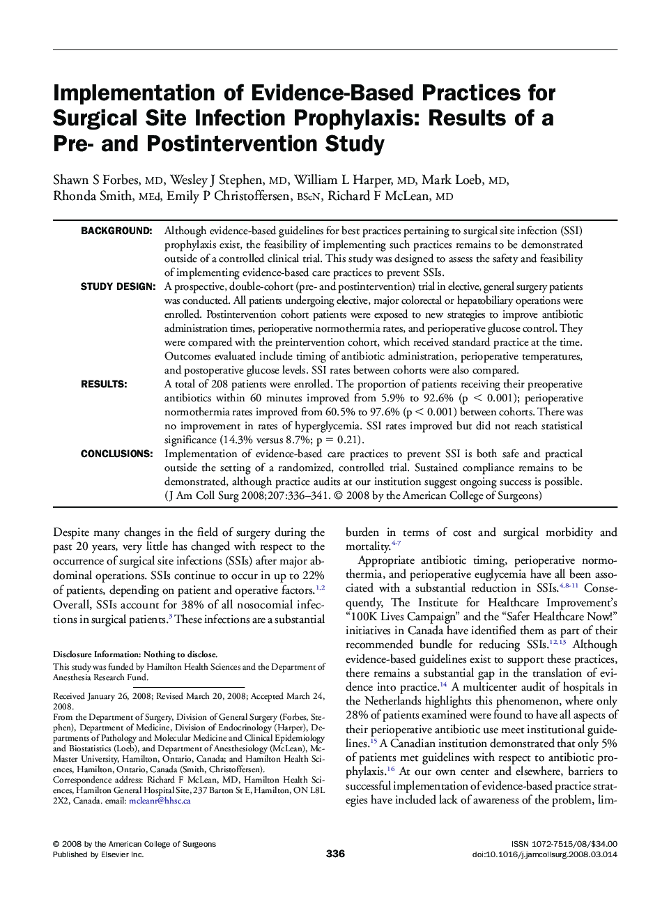 Implementation of Evidence-Based Practices for Surgical Site Infection Prophylaxis: Results of a Pre- and Postintervention Study 